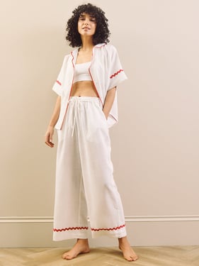 Womens White with Red Ric Rac Trim Linen Blend Oversize Pyjama Set - 3XL / 22-24 / Cream