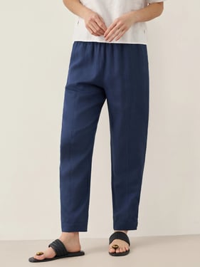 100% Linen Straight-Leg Pants with Elastic Waist PATRICE - Navy Blue / XXL