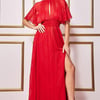 Goddiva Keyhole High Neck Flutter Sleeve Maxi - Red