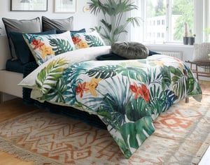QE Home Palawan Tropical Duvet Cover, Cotton Set, Botanical, Green, Queen