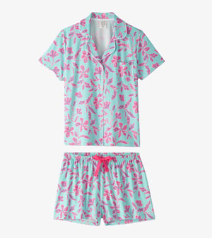 Women's Turquoise Batik Flowers Polyknit Short Pajama Set