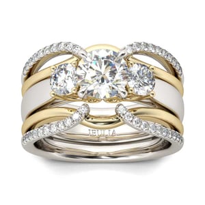 Jeulia Two Tone Three Stone Round Cut Sterling Silver Ring Set
