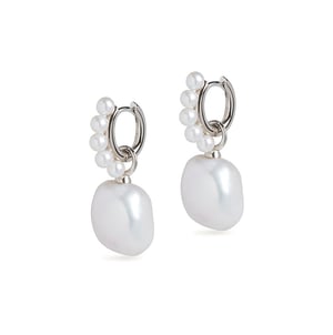 Pearl Huggie and Baroque Pearl Charm Silver Earring Set