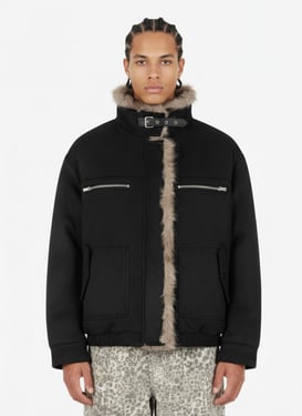 Vintage Suede Faux Fur Lined Aviator Bomber Jacket - Black / XL