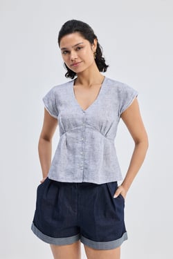 Deep V-neck short top in Linen Stripes - Pin striped Linen / 3XL