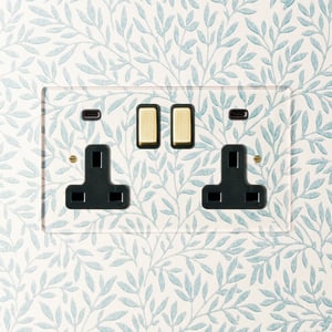 Lucian perspex double socket with USB type C in clear perspex with black inserts and aged brass switch