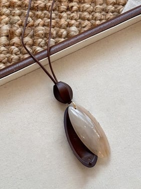 Long Pendant Necklace With Marbled Design - Latte Oval / One Size