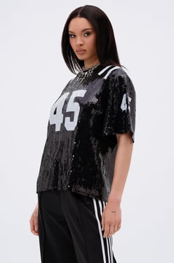 AKIRA Guess The Number Sequin Jersey Top | Black | Size Large/XL