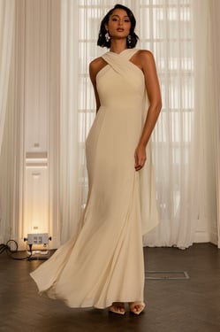 Goddiva Cross Front Scarf Back Chiffon Mermaid Maxi Dress - Butter Yellow