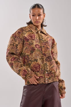 AKIRA Slide On Me Tapestry Bomber Jacket | Brown | Size 1X