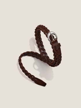 Premium Cowhide Retro Hand-Woven Twisted Thin Belt - Brown / One Size