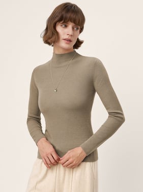 100% Extra-Fine Merino Wool Mock Neck Knit Sweater TIA - Muted Sand / L