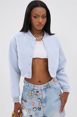 AKIRA Davis Everyday Varsity Bomber Jacket | Light Blue | Size 1X