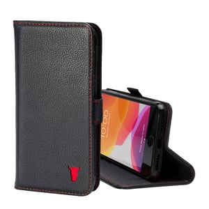 iPhone SE & iPhone 8/7 Leather Wallet Case (with stand function) - Black with Red Detail