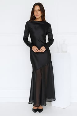 Exquisite Luxury Satin Long Sleeve Maxi Dress Black
