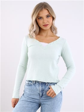 Daisy Street Button Lace Trim Top - Mint - 8