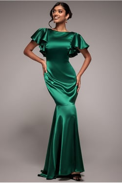 Goddiva Satin Flutter Sleeve Mermaid Maxi - Emerald Green
