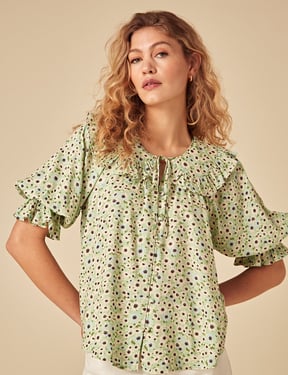 Green Floral Short Sleeve Blouse