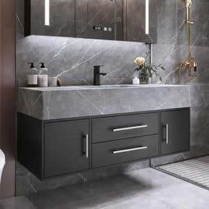 Modern 39" Floating Black Bathroom Vanity with Stone Top Wall Mounted Bathroom Cabinet