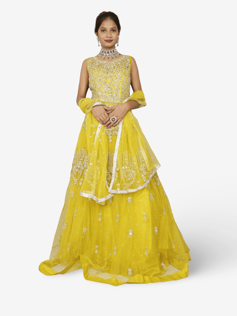 Lemon yellow gown with mirror and pearl work to soft net fabric for women by Shreekama