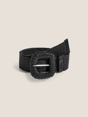 Natural Woven Straw Belt With Square Buckle - Black / One Size