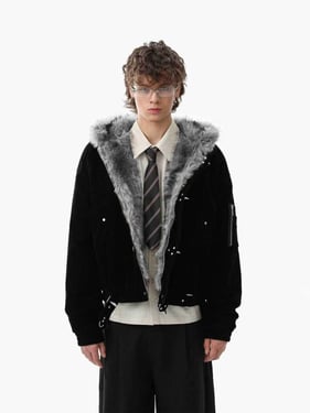 Streetwear Metal Clip Faux Fur Hooded Suede Bomber Jacket - 2597 - Black / 2XL