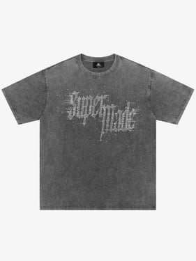 Washed Gothic Letter Imitation Diamond T-Shirt - Wash Water Ash / 2XL