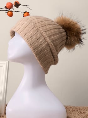 100% Cashmere Rib-Knit Slouchy Beanie With Pom-Pom - Beige / One Size