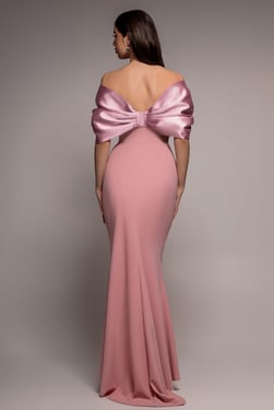 Goddiva Off Shoulder Back Satin Bow Scuba Maxi Dress  - Blush Pink