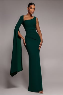 Goddiva One Shoulder Cape Sleeve Maxi Dress - Emerald Green
