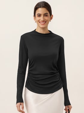 Wool Mock Neck Waist Pleat Top ISOLDE - Black / XXL