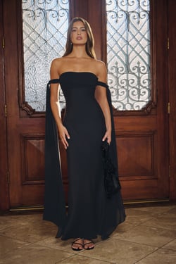 Luxe Lady Satin Off Shoulder Maxi Dress Black