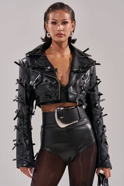 AKIRA Telmo Bow Moto Jacket | Black | Size 1X