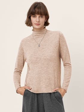 100% Extra-Fine Merino Wool Mock Neck Sweater with Rolled Edge ELA - Almond / L