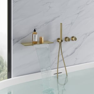 Brushed Gold Brass Bathtub Faucet Wall-Mounted Tub Filler Waterfall Design With Hand Shower
