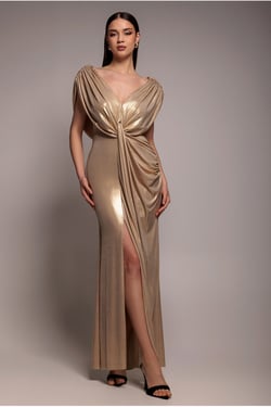 Goddiva Cowl Plunge Draped Foil Maxi Dress - Gold