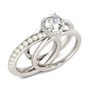Jeulia Halo Round Cut With Faux Pearl Sterling Silver Ring Set