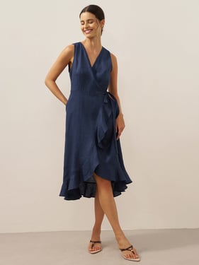 100% Linen V-Neck One-Piece Ruffle Hem Maxi Dress MAYA - Navy Blue / XXL