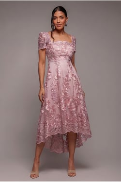 Goddiva Scalloped Neck Embroidered Lace High Low Midi Dress - Pink