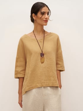 100% Linen V-Neck 3/4 Length Sleeve Top DORA - Mellow Yellow / XXL