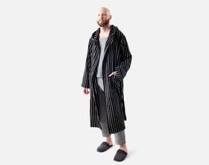 QE Home Yarn Dye Terry Hooded Bathrobe in Black Stripe, Geometric, XL