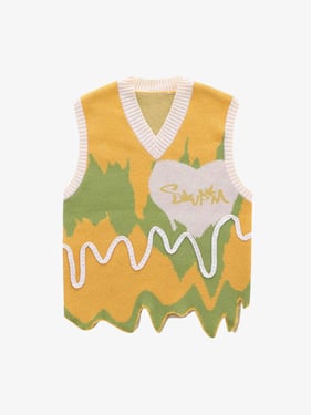 Thesupermade Graffiti Love V-neck Irregular Sweater - 1695 - Yellow / 3XL