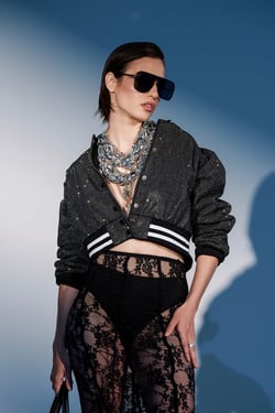 AKIRA Spotlight Rhinestone Bomber Jacket | Black | Size XL