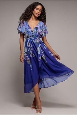 Goddiva Flutter Sleeve A-Line Chiffon Floral Printed Midi Dress - Royal Blue