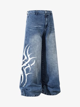 Washed  Print Straight Jeans - Blue / 2XL