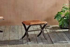 nkuku Narwana Ribbed Leather Footstool | Seating | One Size | Aged Leather & Iron