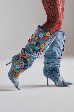 AKIRA Azalea Wang Thelen Denim Bottle Cap Stiletto Boot | Size 8.5
