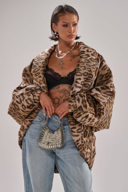 AKIRA Lola Cocoon Coat In Jacquard | Brown | Size 1X/2X