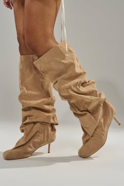 AKIRA Azalea Wang Randall Nude Ruched Suede Boot | Size 11