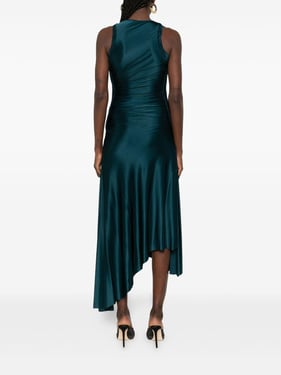 Asymmetrical midi dress in shiny petrol green stretch jersey with gathering on the bodice.